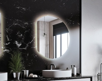 Specchio circolare tagliato con LED, specchio dalla forma asimmetrica, specchio da parete per il bagno, specchio senza cornice fatto a mano, specchio per il trucco