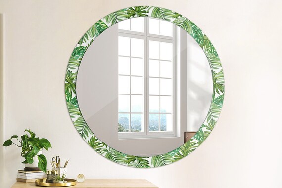 Feuilles de jungle, vert, cadre dimpression miroir, miroir mural rond,  conception de miroir, décor de salon, fait à la main -  France