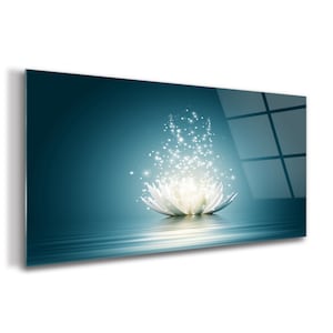 Lotus Blossom Glass Print, Blue Print On Tempered Glass, White Wall Decor, Floral Wall Art, Glassware, Housewarming Gift