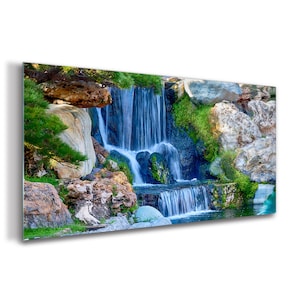 Landscape Panorama Glass Print, Green Print on Tempered Glass, Blue Wall Decor, Waterfall Wall Art, Glassware, Idea Gift