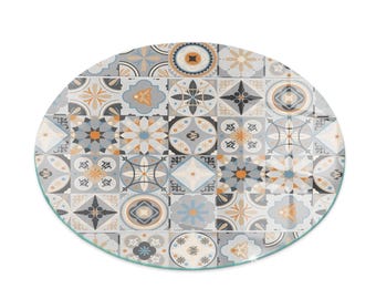 Mosaic Patterns In Tiles Round Fireplace Floor Plate, Gray Fireplace Decoration, Glass Fireplace Hearth, Sleek Stove Hearth Plate