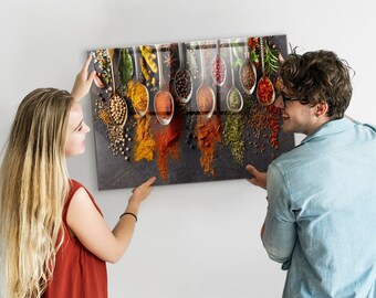 Cuillère à épices en verre, tableau de bord magnétique, babillard multicolore, motif aliments et boissons