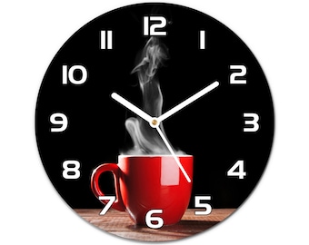 Horloge en verre de café aromatique, impression murale en verre rouge, horloge de chambre minimaliste noire, aiguilles d'horloge noires ou blanches alimentaires, cadeau pour femme