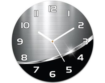 Abstrakte industrielle Wanduhr aus Metall, silbernes Glasdekor, schwarzes Geschenk für Frauen, moderner Druck auf gehärtetem Glas, schwarze oder weiße Zeiger