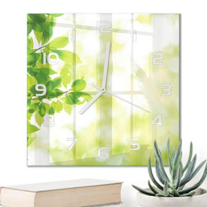 Square Clock Frame Leaves Square Wall Clock, Green Custom Glass Wall Clock, Flowers and ...
