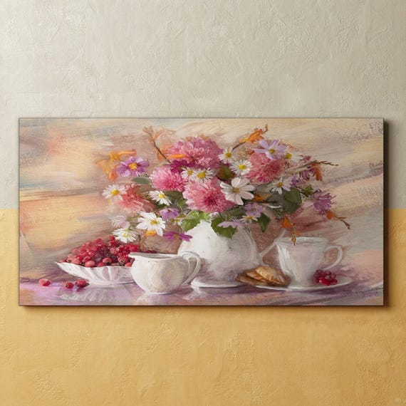 Tableau Floral Rose Sur Toile 100x50 Cm - Impression Moderne - Neuf
