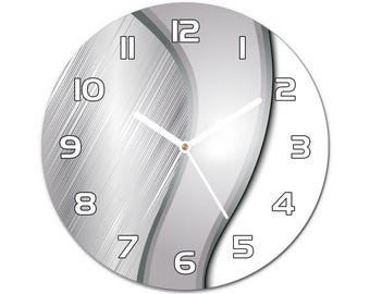 Industrielle Wanduhr mit Metallmotiv, silberfarbene Dekoration für Zuhause oder Büro, graues Geschenk für Frauen, moderner Druck auf gehärtetem Glas