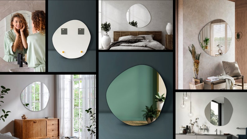 Onregelmatige hangende spiegel voor woonkamer, modern design, asymmetrische spiegel, frameloos, wanddecoratie, handgemaakt afbeelding 7