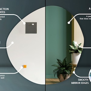 Miroir suspendu irrégulier pour salon, Design moderne, Miroir asymétrique, Sans cadre, Décoration murale, Fait main image 8