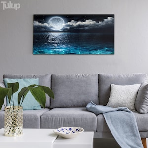 Full Moon Glass Print, Black Print On Tempered Glass, Blue Wall Decor, Sea Wall Art, Decorative Glass, Birthday Gift, High Quality