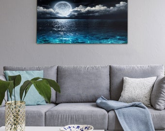 Impression pleine lune sur verre, Impression noire sur verre trempé, Décoration murale bleue, Art mural bord de mer, Verre décoratif, Cadeau d'anniversaire, Haute qualité