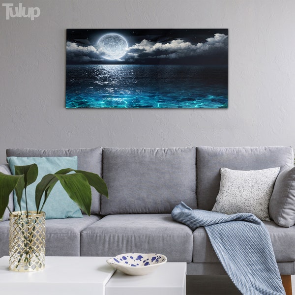 Impressão em vidro de lua cheia, impressão preta em vidro temperado, decoração de parede azul, arte de parede do mar, vidro decorativo, presente de aniversário, alta qualidade