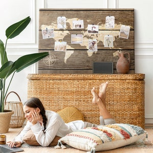 Carte du monde sur de vieilles planches, tracker de voyage, taille XXL, épingles incluses, tableau d'affichage, lieux que vous avez visités, marron