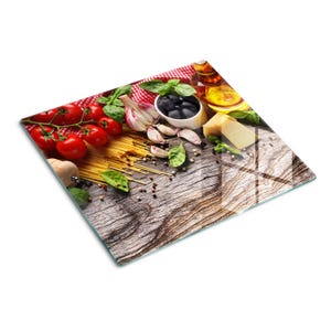 Italian Food Pattern Cutting Board, Multicolored Glass Chopping Board, Housewarming Gift, Small Cutting Board