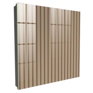 Può includere: Un pannello da parete rettangolare caratterizzato da una serie di listelli verticali color marrone chiaro con una finitura liscia e riflettente. La superficie mostra il riflesso a griglia di una finestra, creando un effetto visivo stratificato sulle barre parallele.
