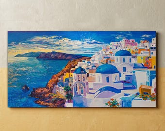 サントリーニ島の大型キャンバスアート、青い古い絵画、白い壁掛け