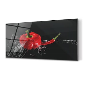 Two Peppers Kitchen Backsplash, Red Glass Splashback, Black Wall Tempered, Vegetables Waterproof Panel, Easy To Install, Idea Gift
