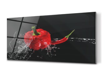 Crédence de cuisine Two Peppers, crédence en verre rouge, mur noir trempé, panneau imperméable aux légumes, facile à installer, idée cadeau