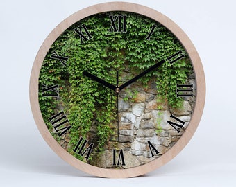 Horloge murale plantes grimpantes sauvages, art mural moderne vert, horloge de chambre minimaliste beige, aiguilles d'horloge naturelles, noires ou blanches, cadeau d'anniversaire