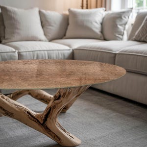Könnte beinhalten: Ein runder Couchtisch mit einer Tischplatte aus natürlichem Holz und einem Gestell aus verschlungenen, hellfarbigen Ästen. Der Tisch steht in einem Wohnzimmer mit einem hellen Ecksofa und einem neutralfarbenen Teppich. Der Durchmesser beträgt ca. 90 cm.
