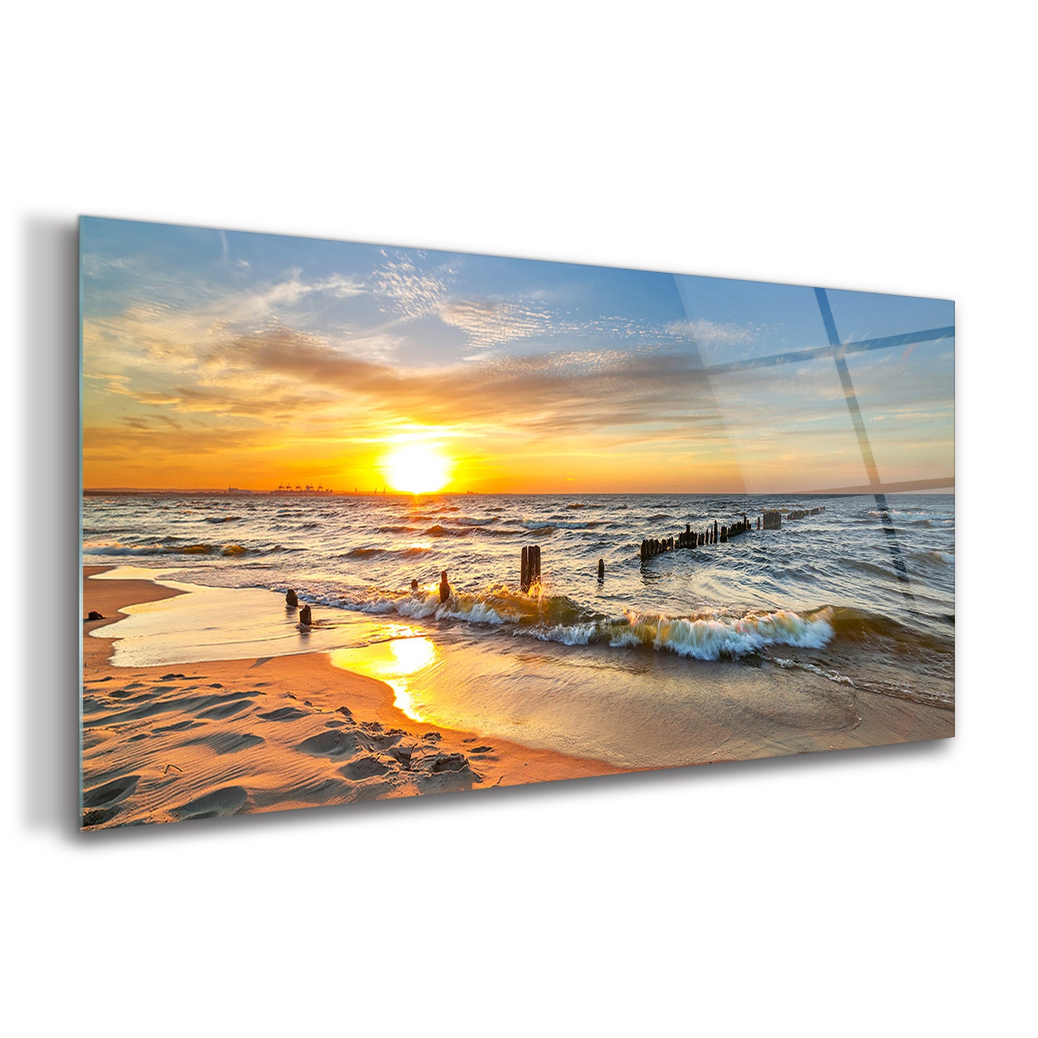 Beach Picture on Glass , Orange Printing Wall Art , Blue Photo on