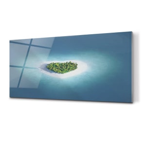 Heart-Shaped Island Backsplash, Green Splashback For Kitchem, Blue Waterproof Panel, Tropical Tempered Glass Wall Protection