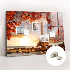 May include: A magnetic glass dry erase board with a photo collage of a family in Paris, France. The board features a photo of the Eiffel Tower, a photo of a family on a beach, a photo of a woman, and a photo of a dog. The board comes with a set of silver magnetic discs.