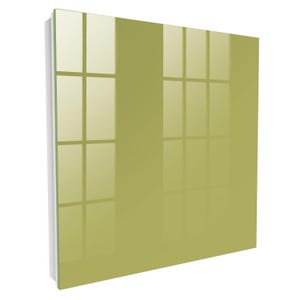 Può includere: Un pannello in vetro quadrato di colore verde oliva con una superficie lucida e riflettente. Il pannello presenta una parte anteriore liscia e piatta e un bordo laterale bianco, con riflessi visibili di una griglia di finestra.