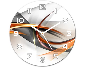 Horloge murale industrielle vagues abstraites, impression murale en verre orange, horloge de chambre minimaliste grise, aiguilles d'horloge modernes noires ou blanches