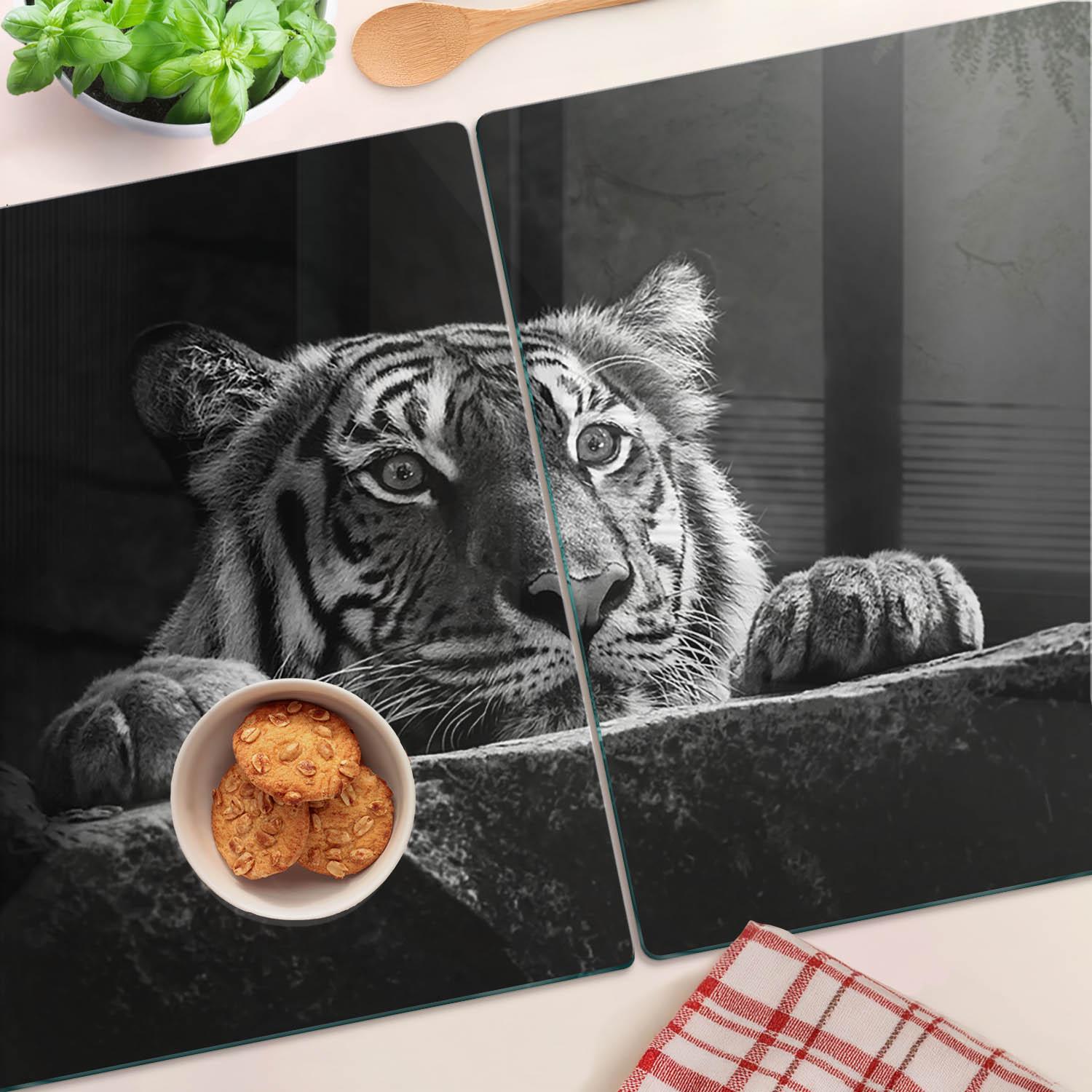 Planche De Cuisine En Verre Tulup 60x52 Cm - Tigre (Noir & Blanc) - NEUF