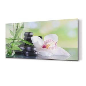 Orchid And Stones Splashback, Green Kitchen Panel For Wall, White Waterproof Panel, Floral Tempered Glass Wall Protection