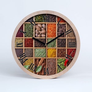Spices And Herbs Wall Clock, Orange Home Office Decoration, Green Gift For Women, Food, Print On Tempered Wooden,Birthday Gift, Home Decor