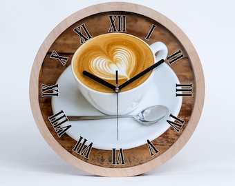 Reloj de madera Time For Coffe, arte de pared moderno marrón, reloj de habitación minimalista blanco, comida, manecillas de reloj negras o blancas, regalo de cumpleaños, decoración del hogar