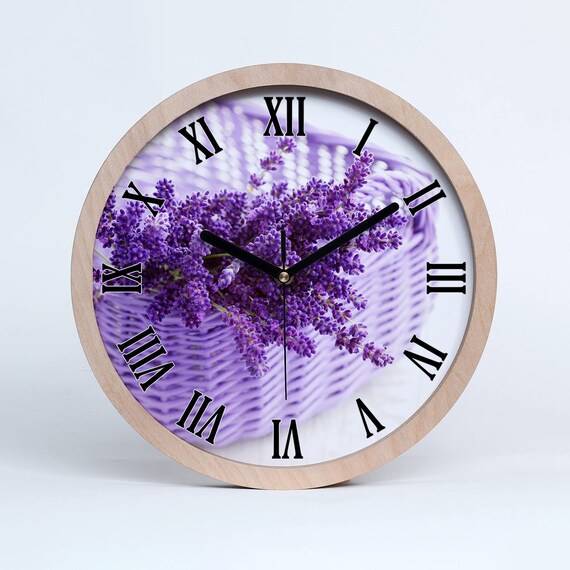 Lavender Flower in the Basket Wooden Clock, Purple Wooden Wall