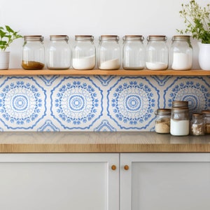 Greek Decoration Tile Stickers, Self Adhesive Tiles, Abstraction Tile Stickers, Blue Decal Decor, Wall Tile Stickers, Set of 9
