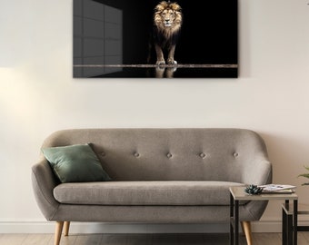 Wild Animal Glass Wall Art, Black Print On Tempered Glass, Brown Printing, Lion Wall Decor, Decorative Glass, Idea Gift, High Quality