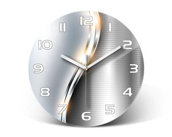 Abstrakte industrielle Wanduhr aus Metall, silberne Dekoration für Zuhause oder Büro, goldenes Geschenk für Frauen, moderner Druck auf gehärtetem Glas, Glasuhr