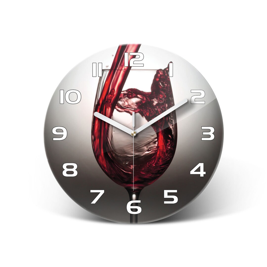 Wine Glass Clock, Red Glass Wall Print, Gray Minimalist Room Clock ...