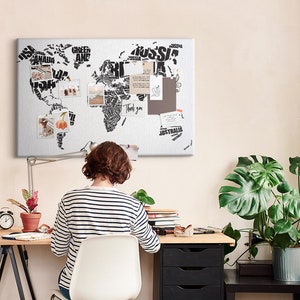 Weltkarte In Typografie, Landkarte der besuchten Länder, große Korktafel, schwarz und weiß, Reise-Tracker, inklusive Pins, Notiztafel für Schüler