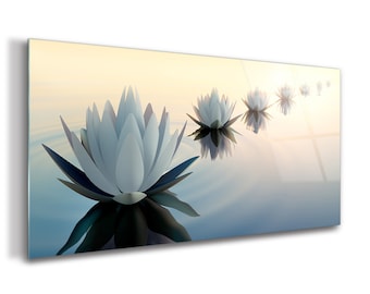 Lotus Flower Glass Wall Art, Yellow Print On Tempered Glass, Blue Printing, Floral Wall Decor, Decorative Glass, Birthday Gift