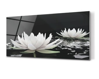 Lotus Flower Splashback For Kitchem, White Kitchen Backsplash, Black Kitchen Wall Protection, Floral Tempered Glass Wall Art