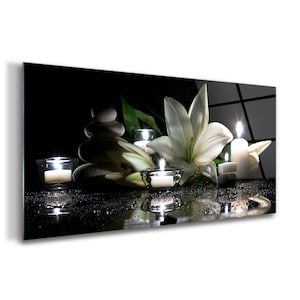 Lily Flower Print On Tempered Glass , Black Tempered Glass, White Wall Decor, FloralGlass Print, Glassware, Idea Gift, High Quality