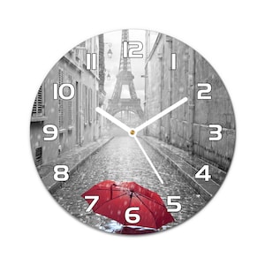 Eiffel Tower Paris Glass Clock, Red Home Decoration, Gray Gift For Women, Landscape Print On Tempered Glass, Black Or White Clock Hands