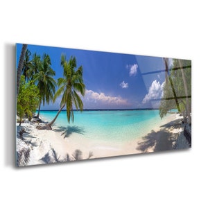 Maledives Panorama Print On Tempered Glass , Blue Tempered Glass, Green Wall Decor, BeachGlass Print, Glassware, Idea Gift