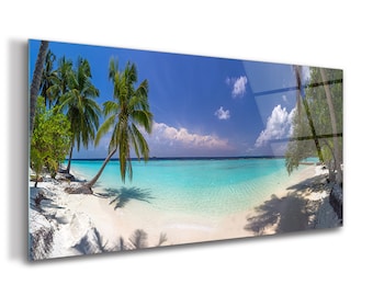 Maledives Panorama Print On Tempered Glass , Blue Tempered Glass, Green Wall Decor, BeachGlass Print, Glassware, Idea Gift