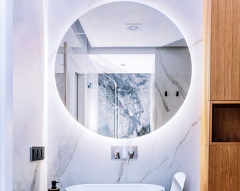 Miroir LED rond sans cadre, miroir de courtoisie, décoration murale bohème, miroir de salle de bain, miroir décoratif Japandi, fait main