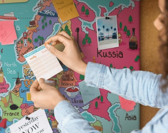Mappa dell'Europa, multicolore, taglia XXL, bacheca, puntine, tracker di viaggio, mappa dei luoghi visitati