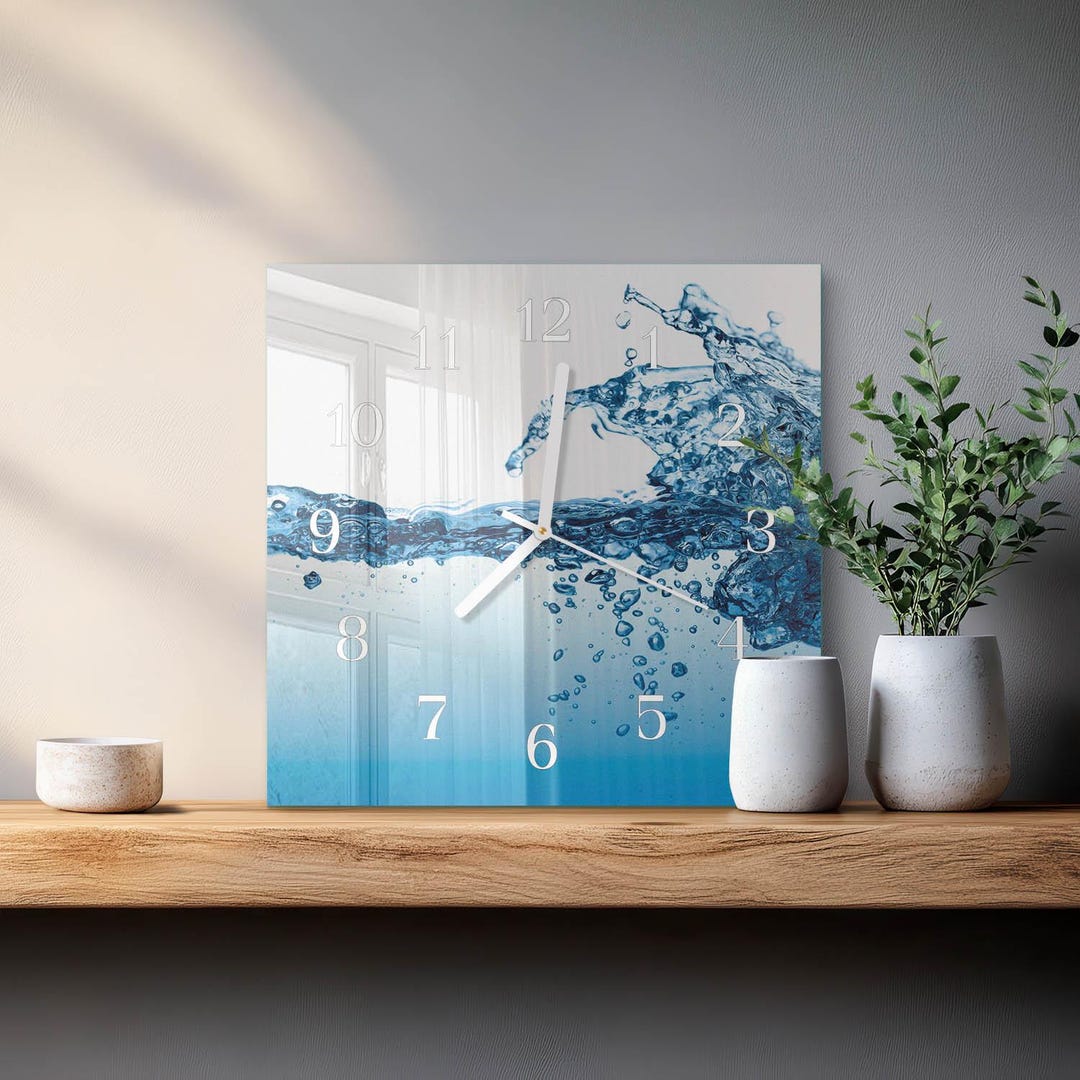 Square Water Clock Water Personalized Clock, Blue Glass Printed Clock - Square, Round or ...