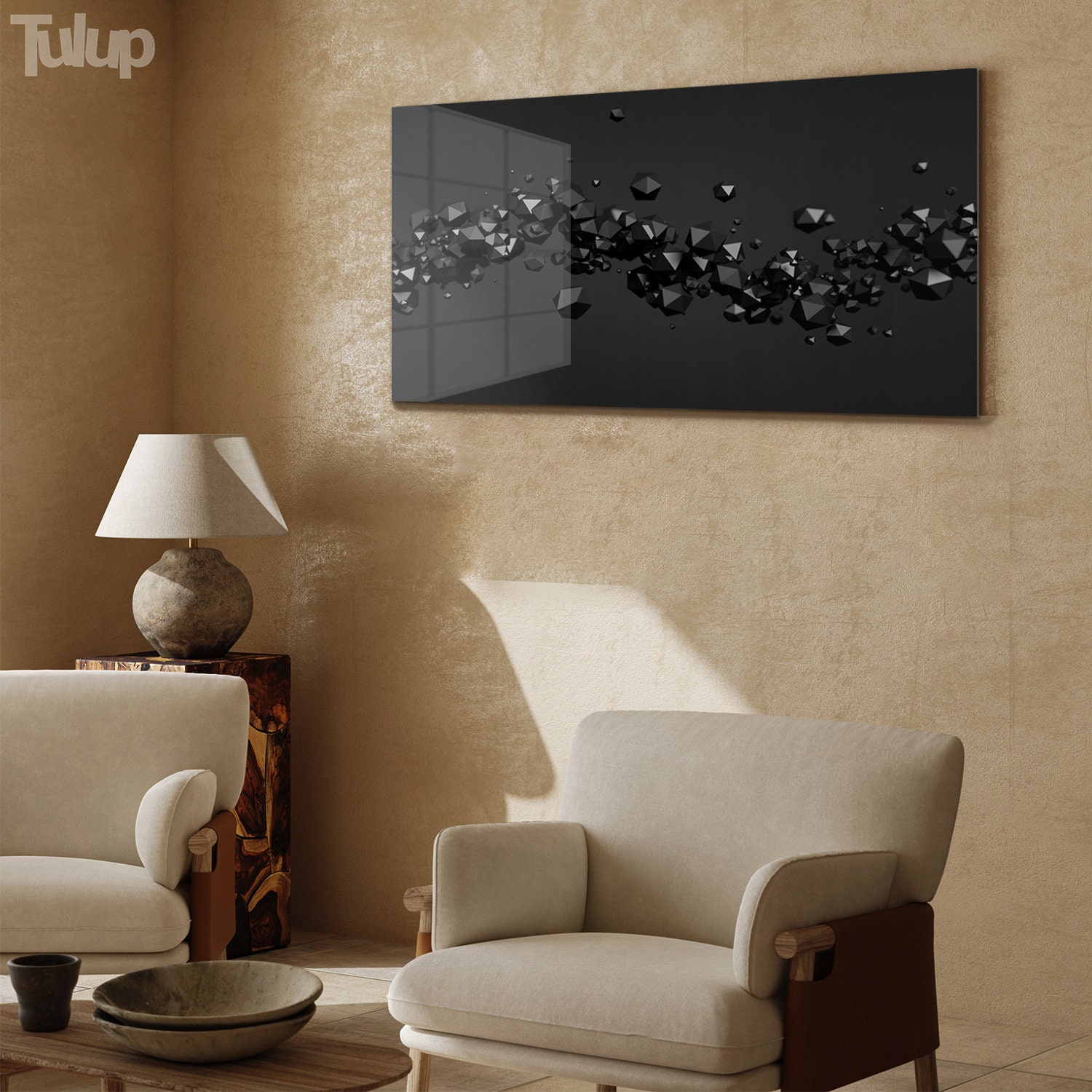 Tableau Abstraction Sur Verre Tulup - 100x50 Cm, Gris Et Blanc, Moderne, Neuf