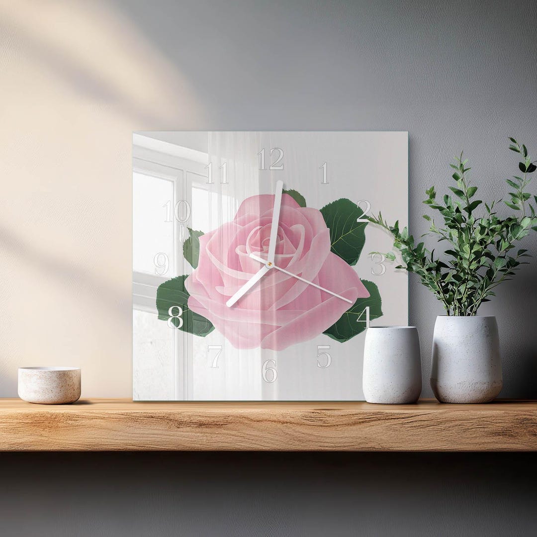 Pink Clock Square Rose Custom Wall Clock, Pink Glass Printed Clock - Square or Round ...